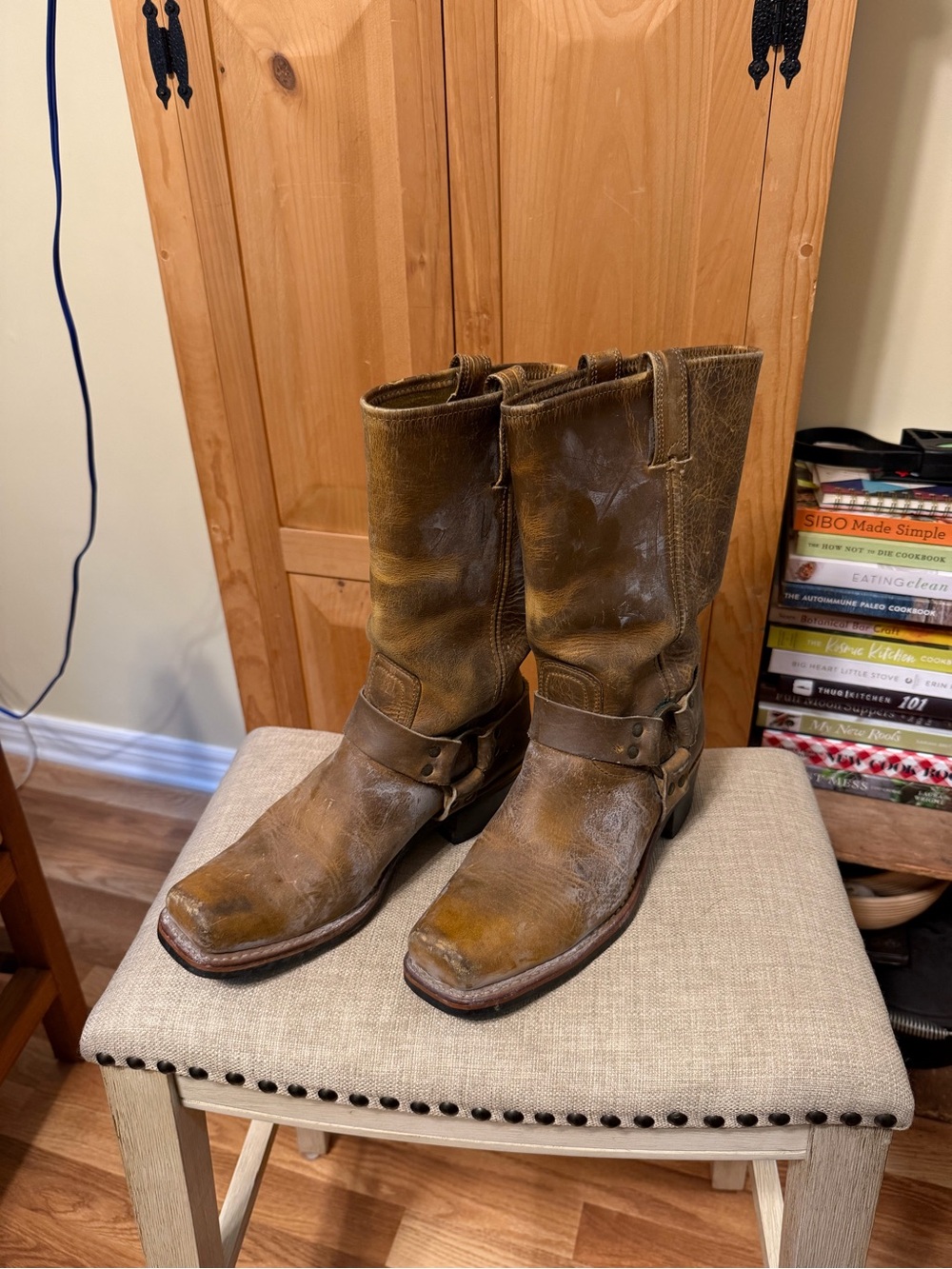Frye Brown Leather Harness Cowboy Boots